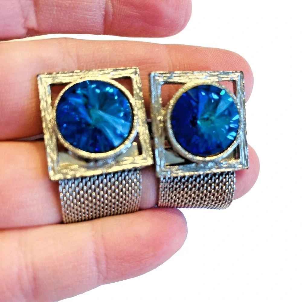Vintage Blue Rivoli Wrap Cufflinks Large Stones Silvertone Mesh Mid Century Chic